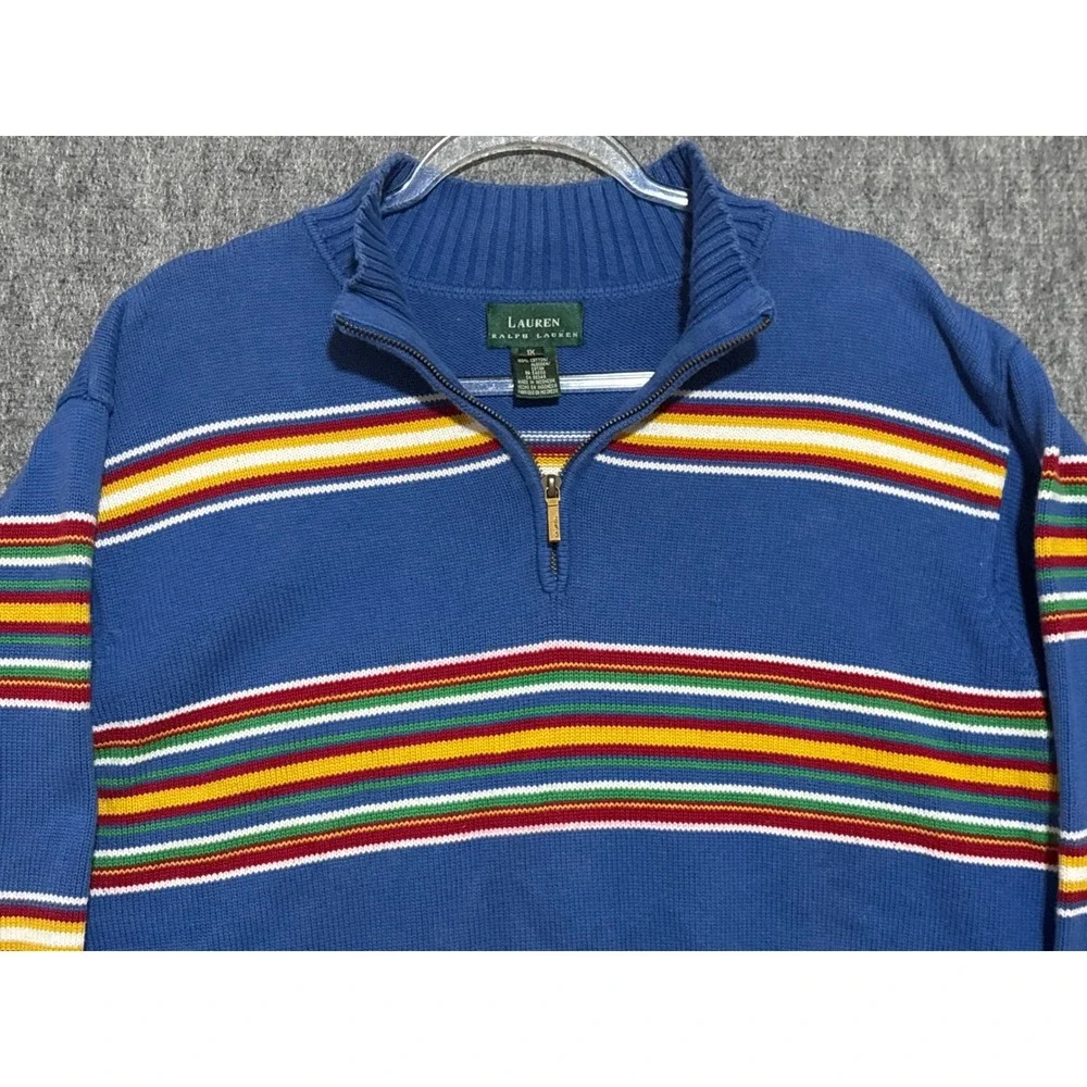 Lauren Ralph Lauren Blue Striped Quarter Zip Cotton Sweater 1XL Womens Mock Neck